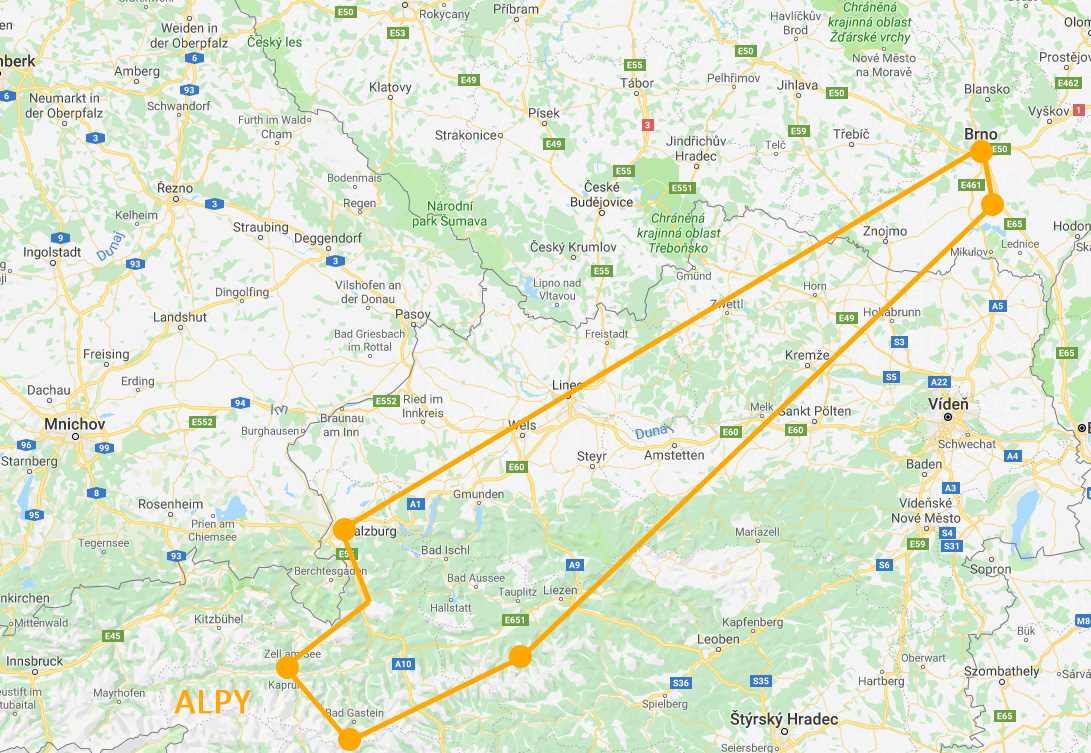 Mapa letu nad Alpy
